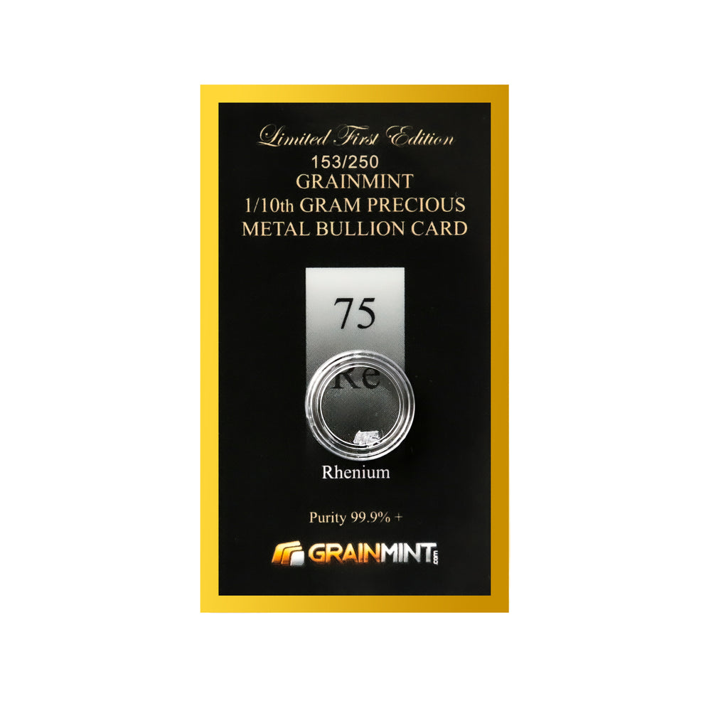 1/4, or 1/10th Gram Pure Rhenium Crystal Metal in Grainmint Bullion card 99.9% - GRAINMINT