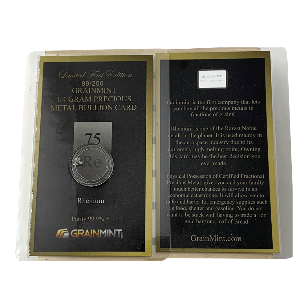 1/4, or 1/10th Gram Pure Rhenium Crystal Metal in Grainmint Bullion card 99.9% - GRAINMINT