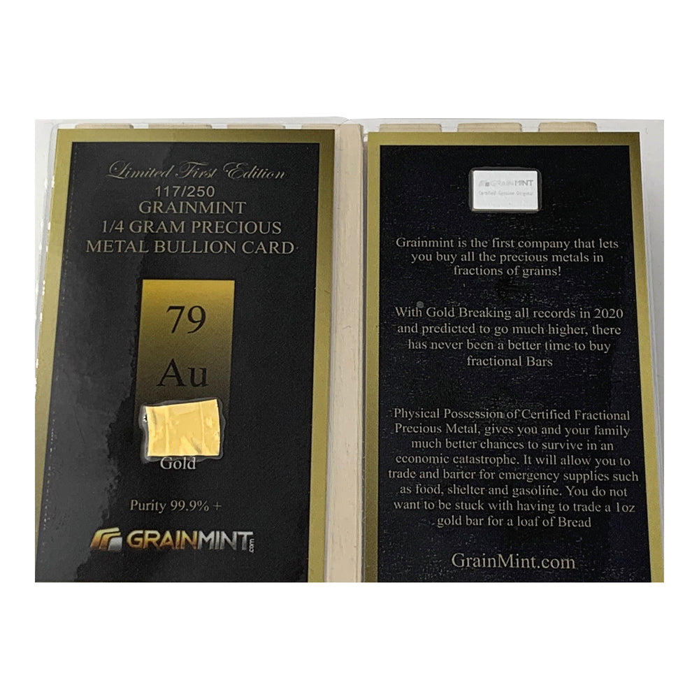 1/4, or 1/10th Gram Pure Raw 24K Gold Metal in Grainmint Bullion card 99.9% - GRAINMINT