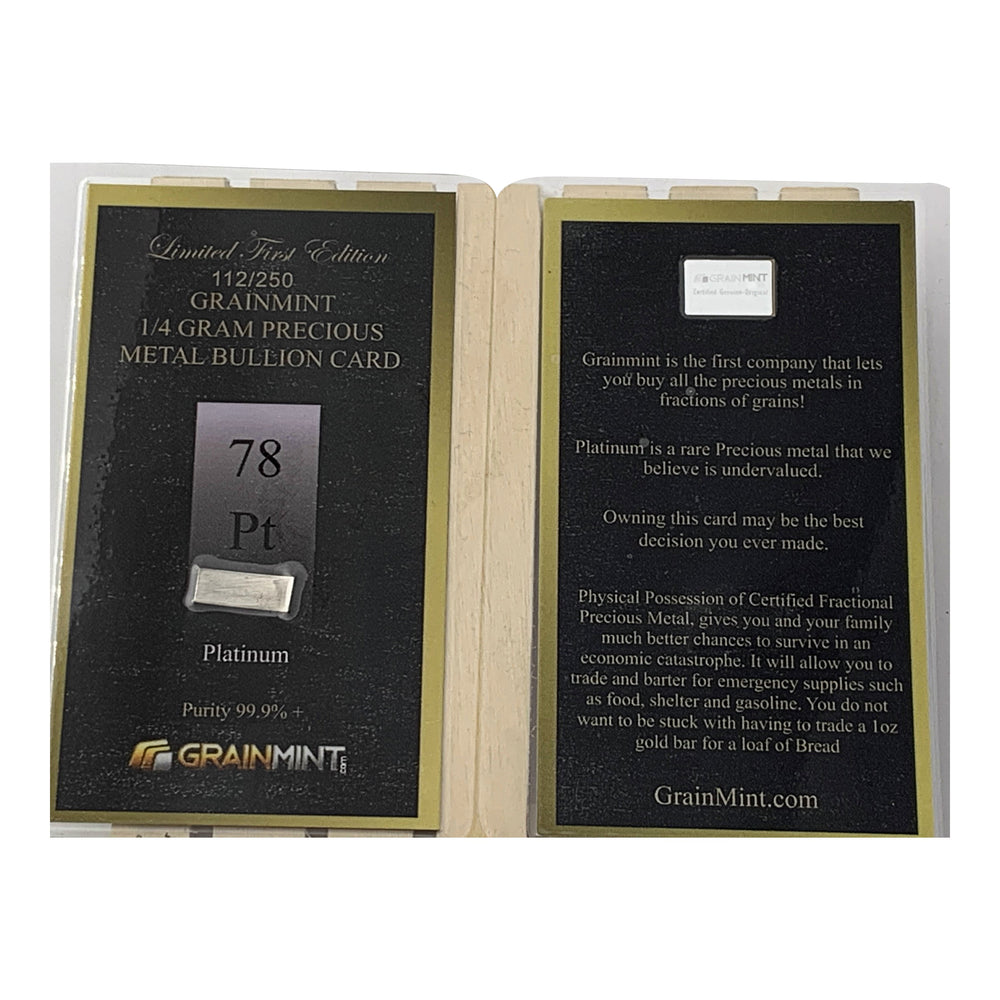 1/4, or 1/10th Gram Pure Raw Platinum Metal in Grainmint Bullion card 99.9% - GRAINMINT