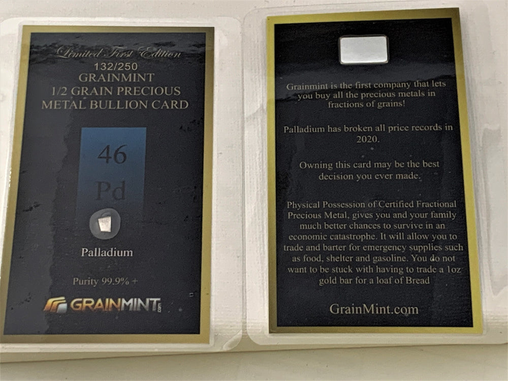 1/4, 1/2 or 1 Grain Pure Palladium Metal in GRAINMINT Bullion card 99.9% - GRAINMINT